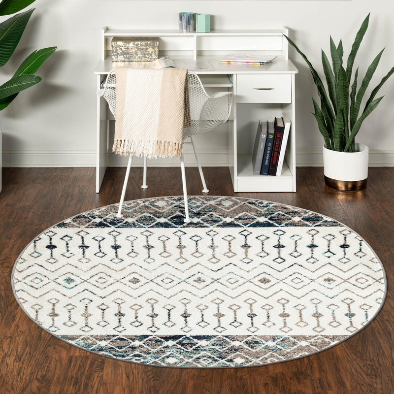 Mediterranean Lattice Collection Area Rug - Casablanca (Ivory Gray Blue) Round Ivory Gray Blue lifestyle 17