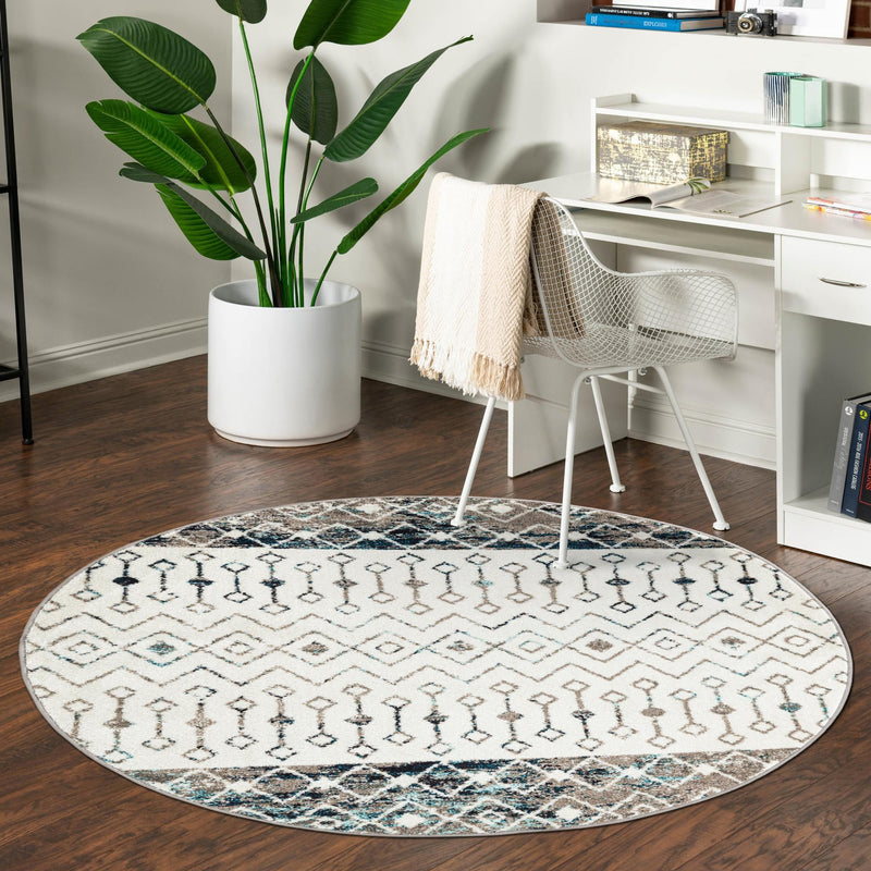 Mediterranean Lattice Collection Area Rug - Casablanca (Ivory Gray Blue) Round Ivory Gray Blue lifestyle 18