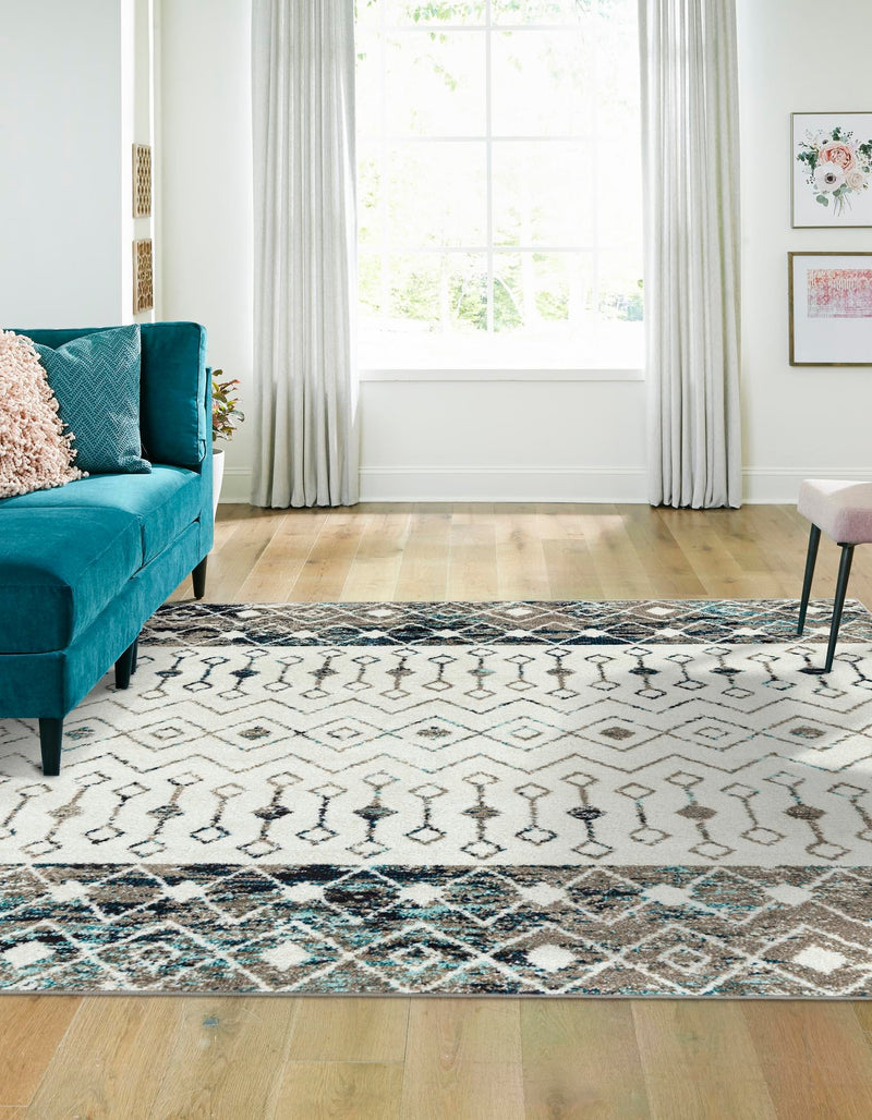 Mediterranean Lattice Collection Area Rug - Casablanca (Ivory Gray Blue) Square Ivory Gray Blue lifestyle 0