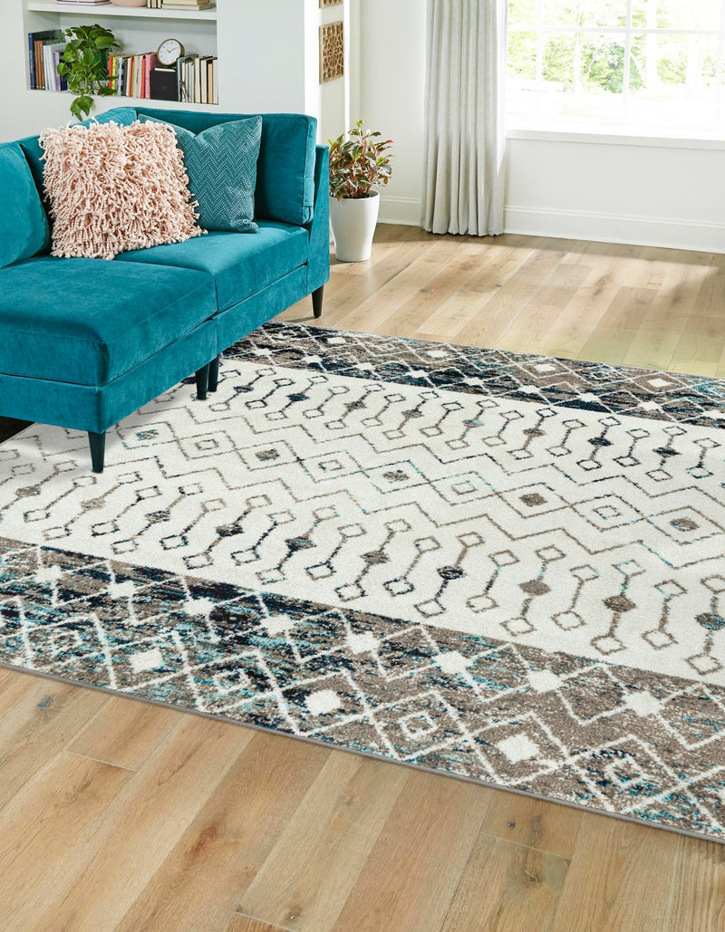 Mediterranean Lattice Collection Area Rug - Casablanca (Ivory Gray Blue) Square Ivory Gray Blue lifestyle 2