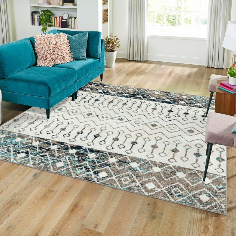 Mediterranean Lattice Collection Area Rug - Casablanca (Ivory Gray Blue) Square Ivory Gray Blue lifestyle 14