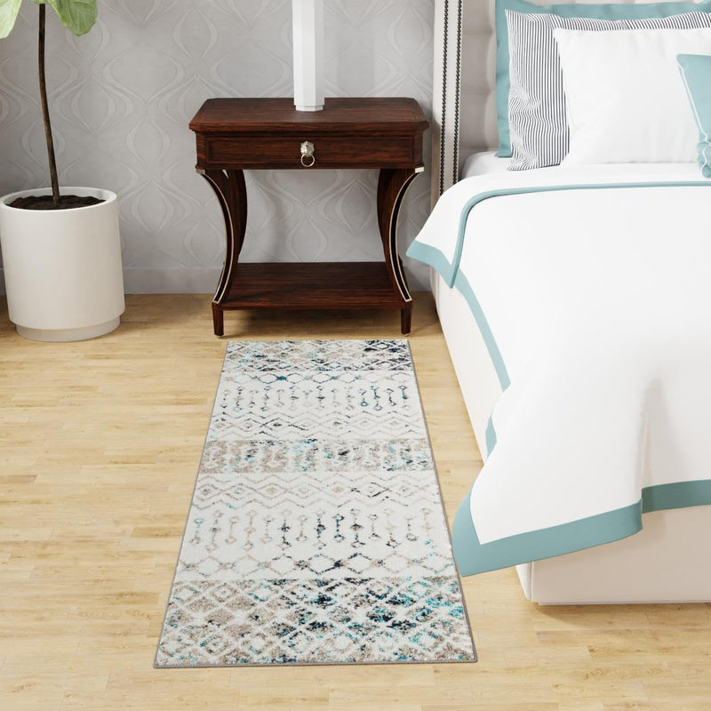 Mediterranean Lattice Collection Area Rug - Casablanca (Ivory Gray Blue) Runner Ivory Gray Blue lifestyle 22