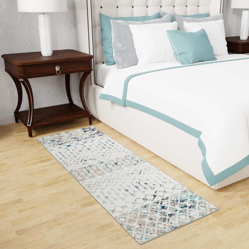 Mediterranean Lattice Collection Area Rug - Casablanca (Ivory Gray Blue) Runner Ivory Gray Blue lifestyle 23