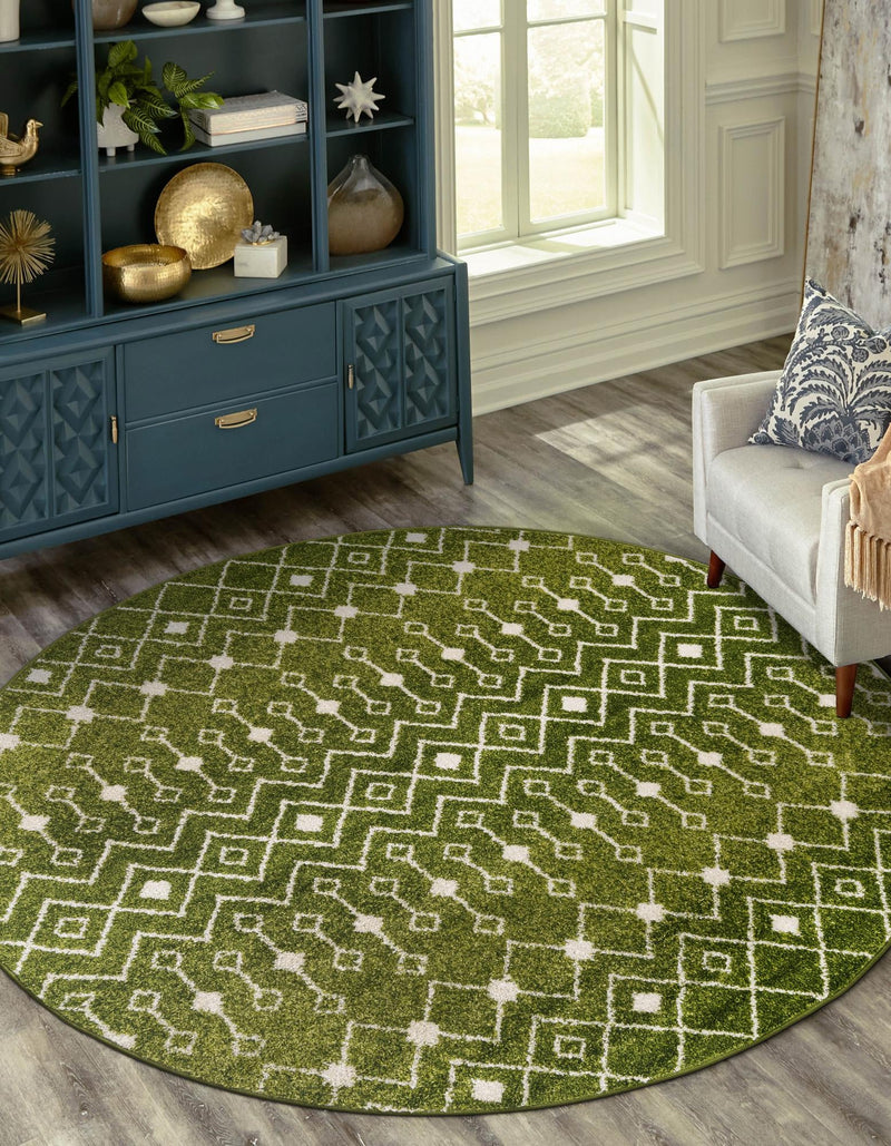 Mediterranean Lattice Collection Area Rug - Santorini (Green) Round Green lifestyle 32