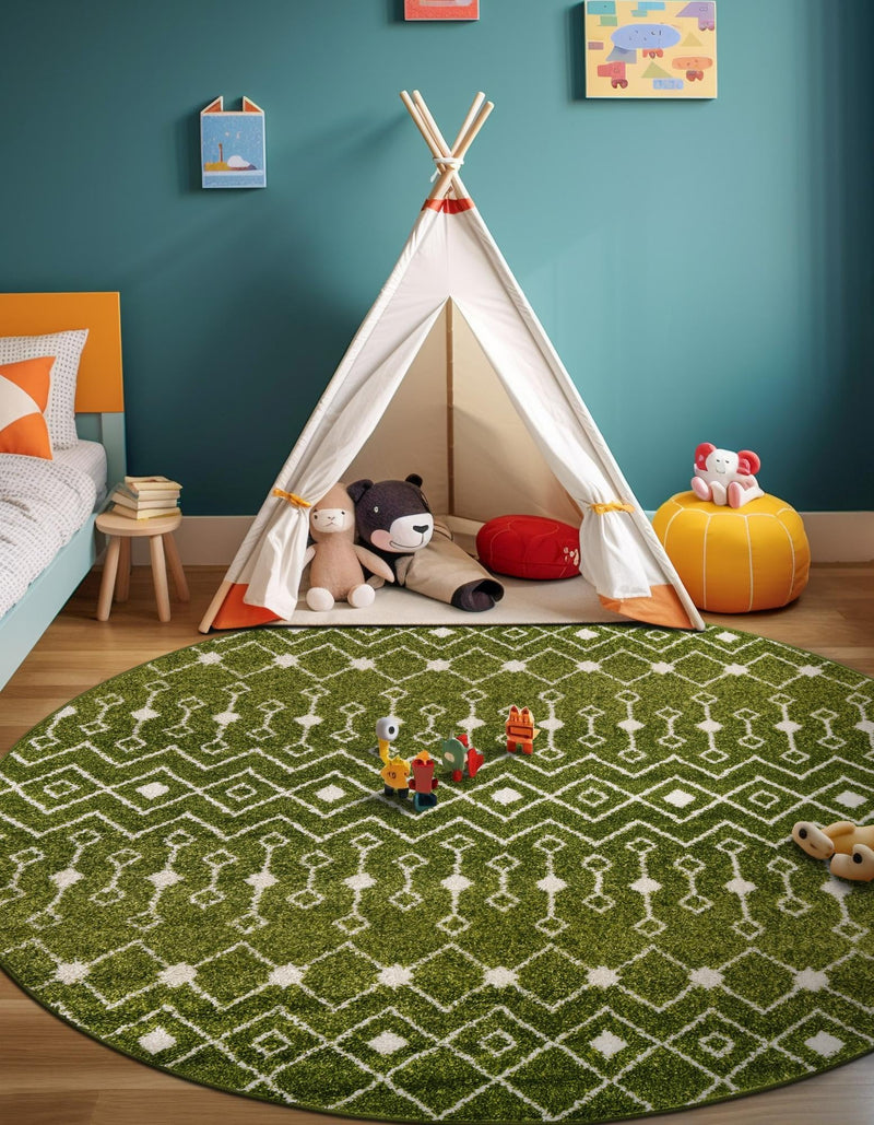 Mediterranean Lattice Collection Area Rug - Santorini (Green) Round Green lifestyle 44