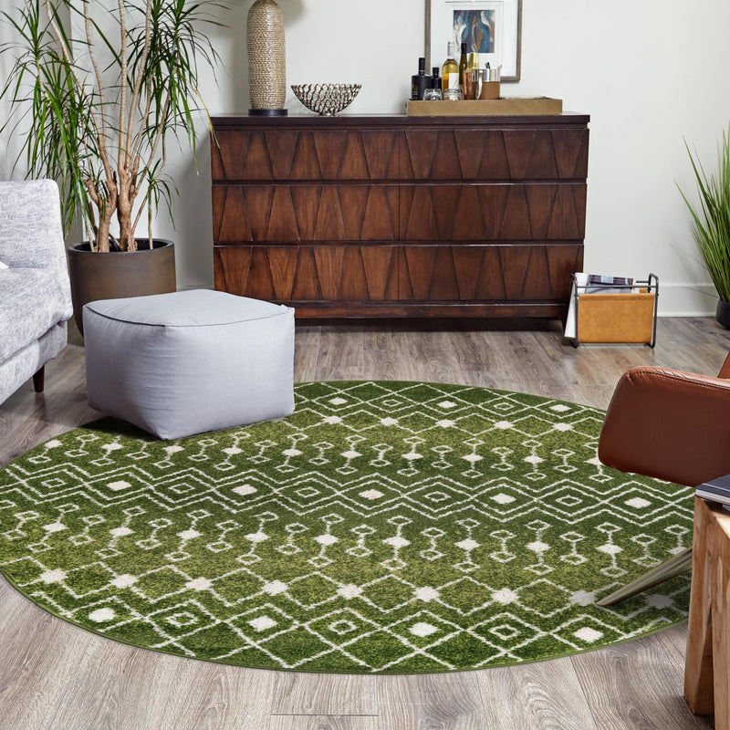 Mediterranean Lattice Collection Area Rug - Santorini (Green) Round Green lifestyle 14