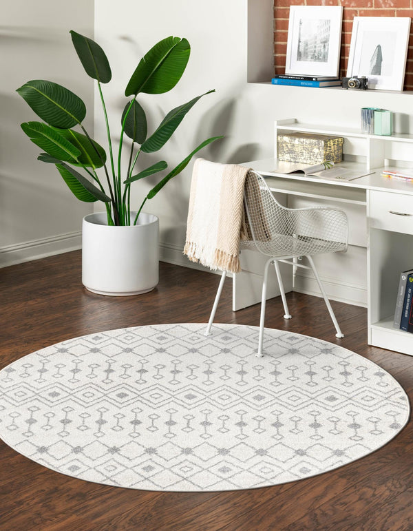 Mediterranean Lattice Collection Area Rug - Santorini (Ivory and Gray) Round Ivory and Gray lifestyle 2