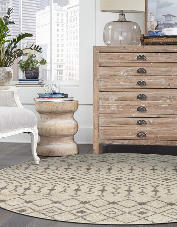 Mediterranean Lattice Collection Area Rug - Santorini (Ivory and Gray) Round Ivory and Gray lifestyle 29