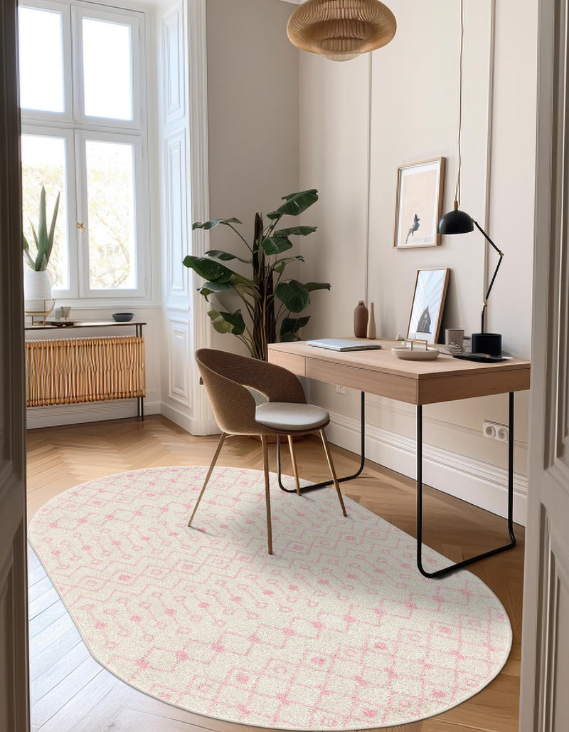 Mediterranean Lattice Collection Area Rug - Santorini (Ivory and Pink) Oval Ivory and Pink lifestyle 35