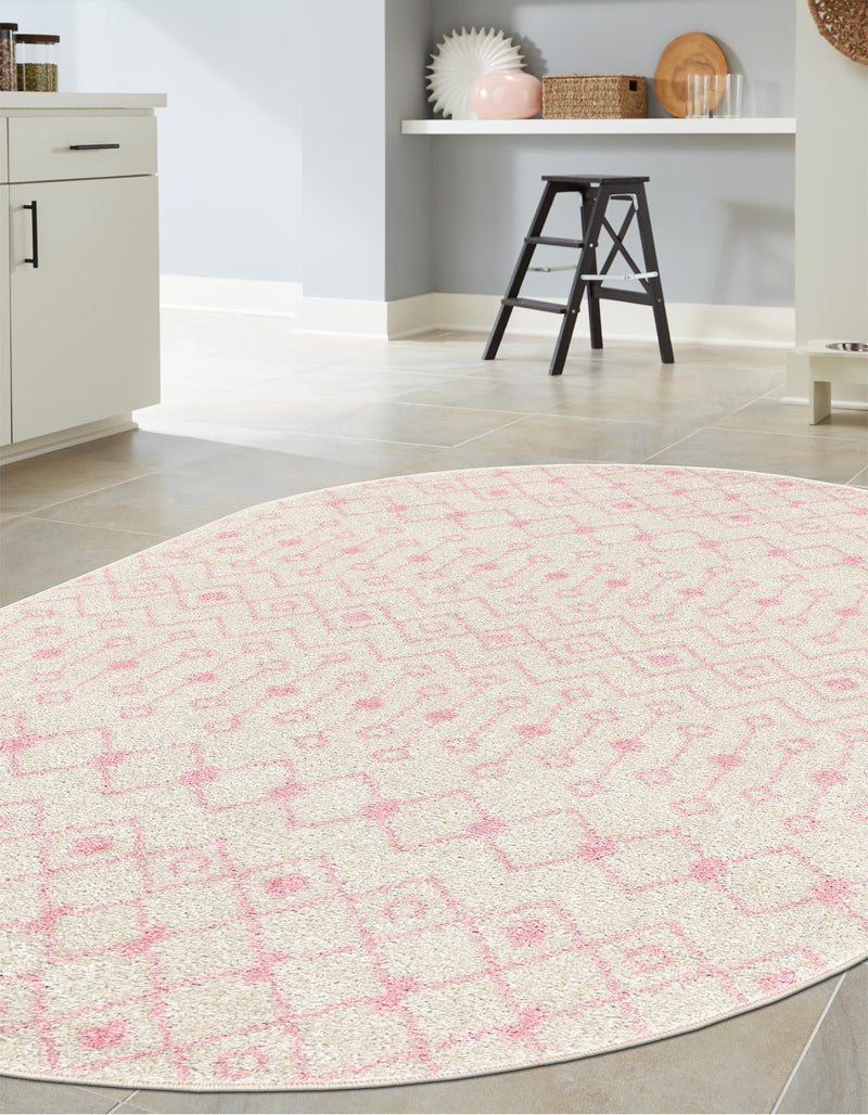 Mediterranean Lattice Collection Area Rug - Santorini (Ivory and Pink) Oval Ivory and Pink lifestyle 37