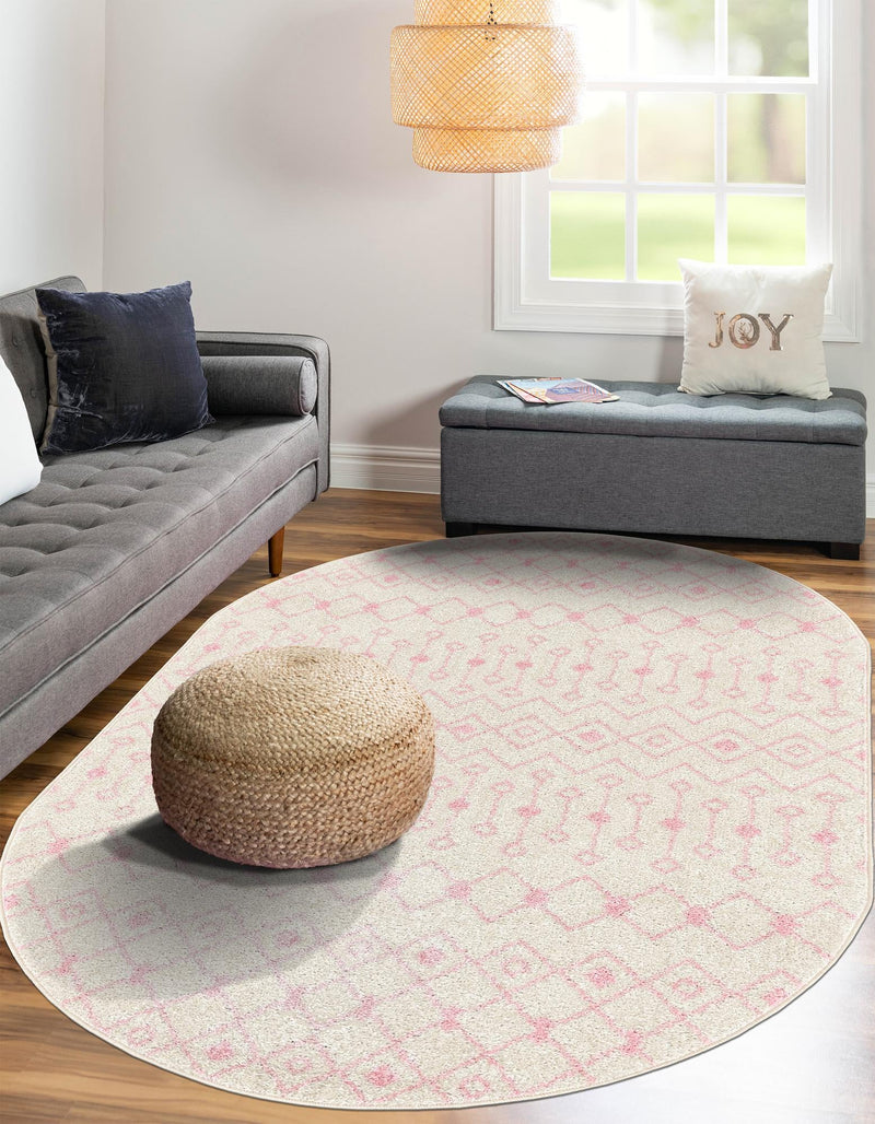 Mediterranean Lattice Collection Area Rug - Santorini (Ivory and Pink) Oval Ivory and Pink lifestyle 39