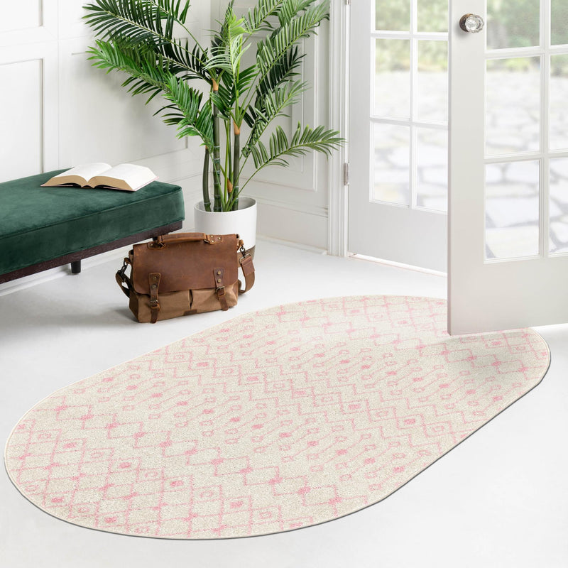 Mediterranean Lattice Collection Area Rug - Santorini (Ivory and Pink) Oval Ivory and Pink lifestyle 14