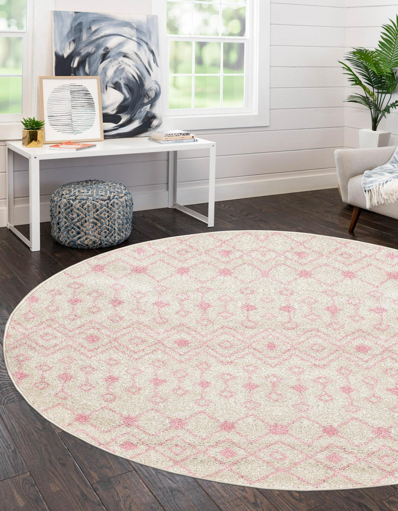Mediterranean Lattice Collection Area Rug - Santorini (Ivory and Pink) Round Ivory and Pink lifestyle 2