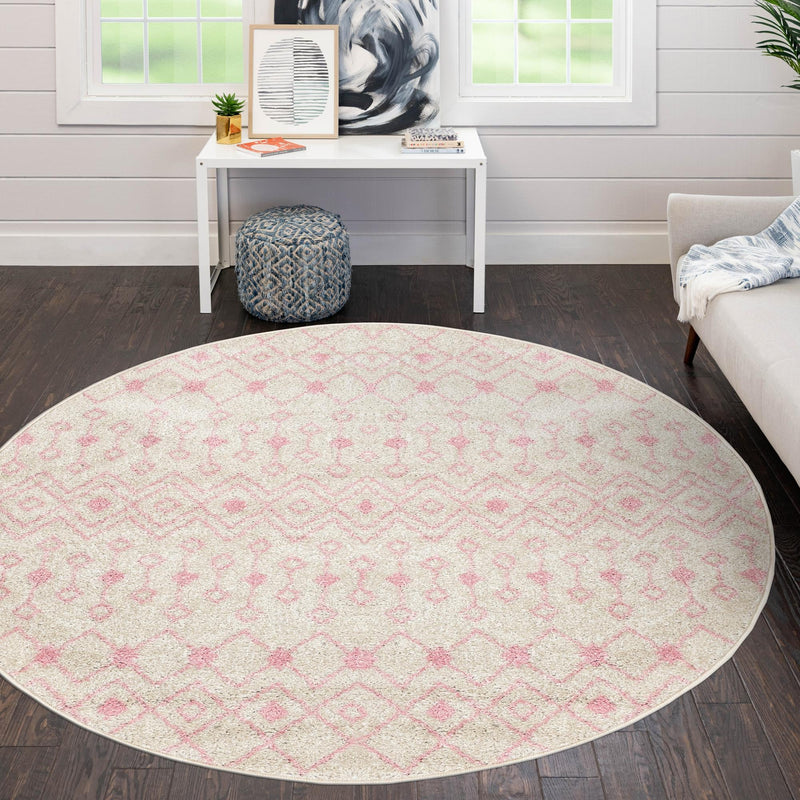 Mediterranean Lattice Collection Area Rug - Santorini (Ivory and Pink) Round Ivory and Pink lifestyle 15