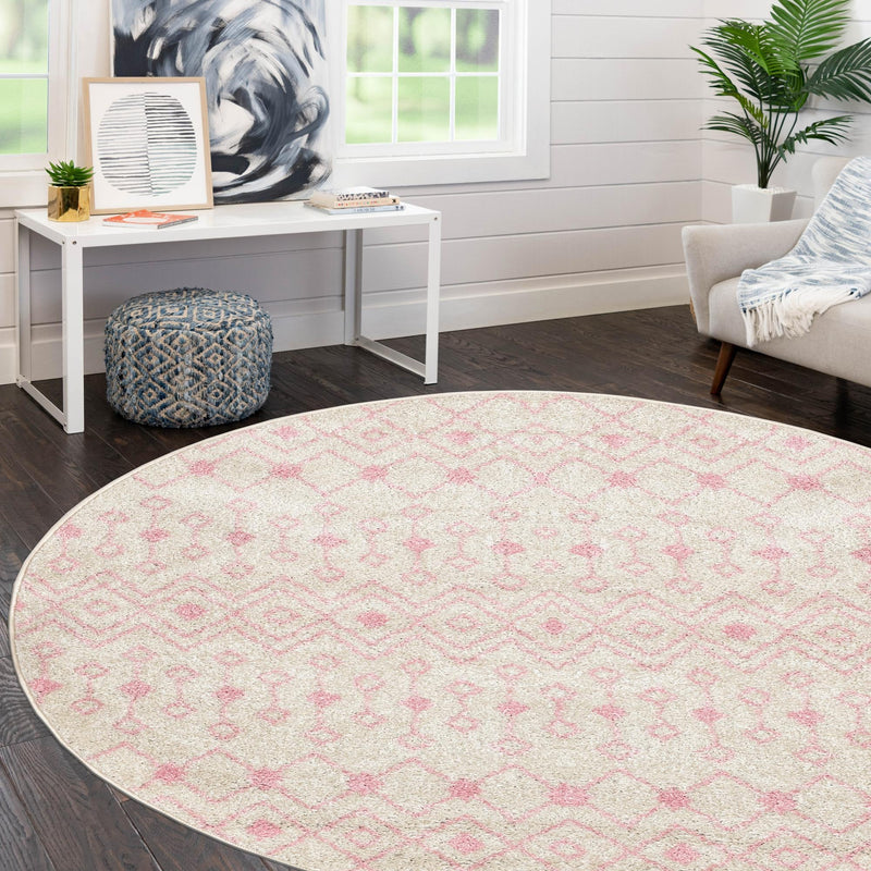 Mediterranean Lattice Collection Area Rug - Santorini (Ivory and Pink) Round Ivory and Pink lifestyle 16
