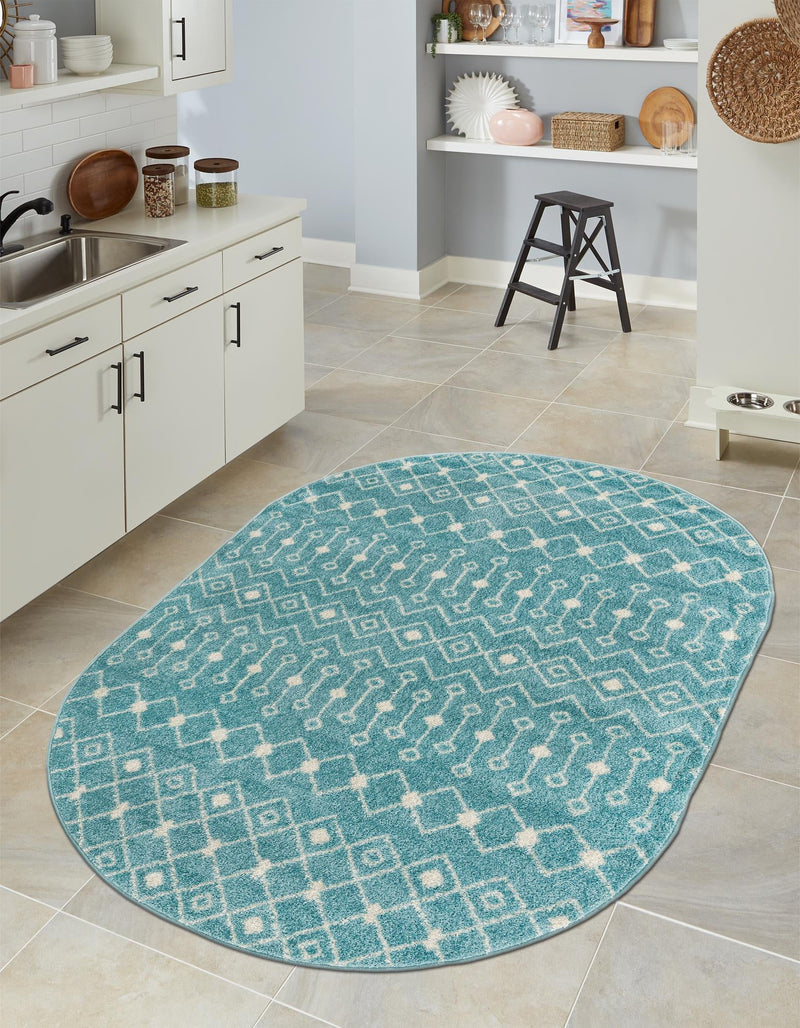 Mediterranean Lattice Collection Area Rug - Santorini (Aqua Blue) Oval Aqua Blue lifestyle 30