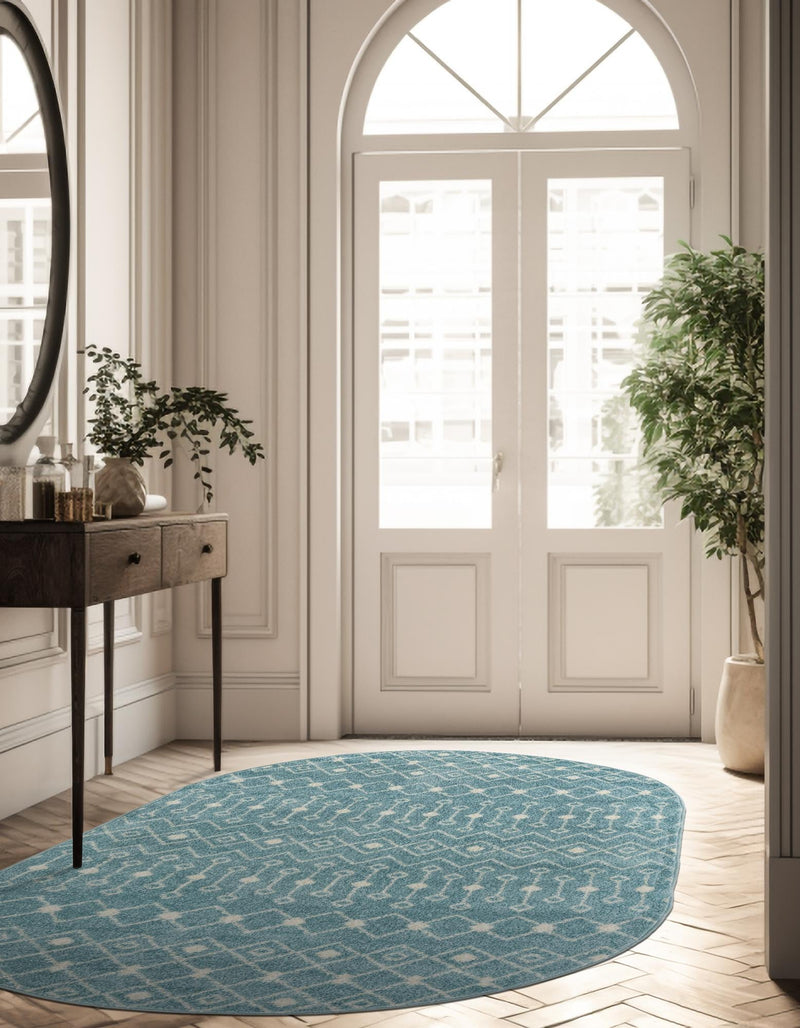 Mediterranean Lattice Collection Area Rug - Santorini (Aqua Blue) Oval Aqua Blue lifestyle 40
