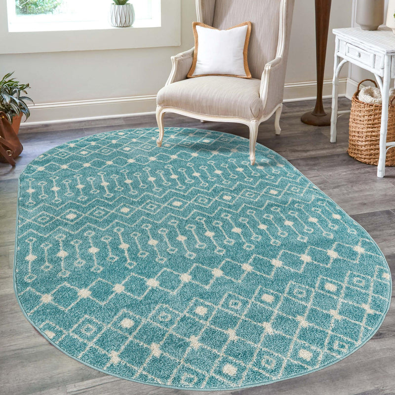 Mediterranean Lattice Collection Area Rug - Santorini (Aqua Blue) Oval Aqua Blue lifestyle 23