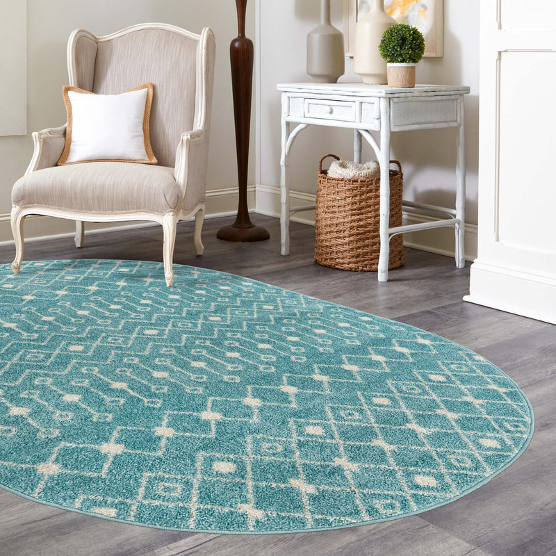 Mediterranean Lattice Collection Area Rug - Santorini (Aqua Blue) Oval Aqua Blue lifestyle 24