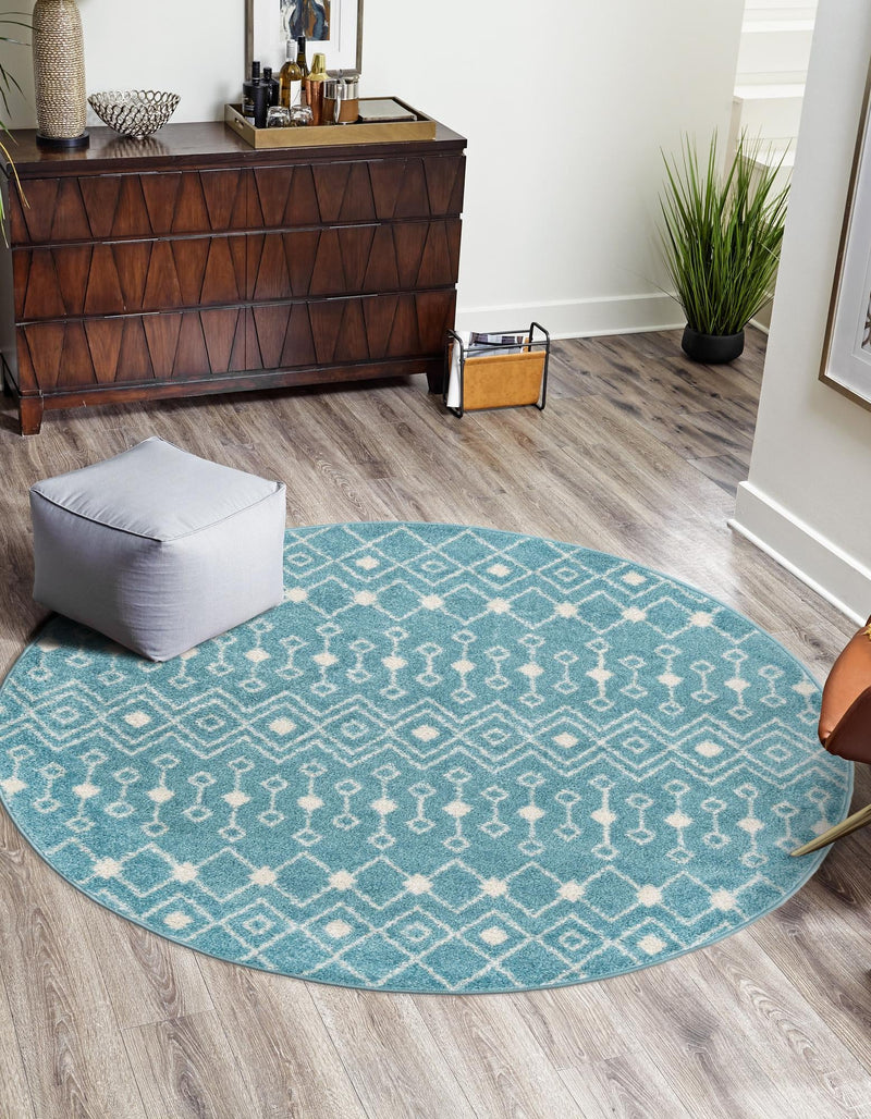 Mediterranean Lattice Collection Area Rug - Santorini (Aqua Blue) Round Aqua Blue lifestyle 0
