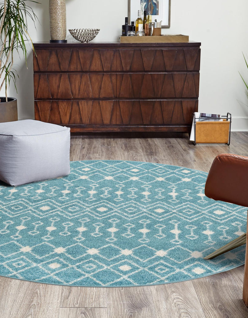 Mediterranean Lattice Collection Area Rug - Santorini (Aqua Blue) Round Aqua Blue lifestyle 2