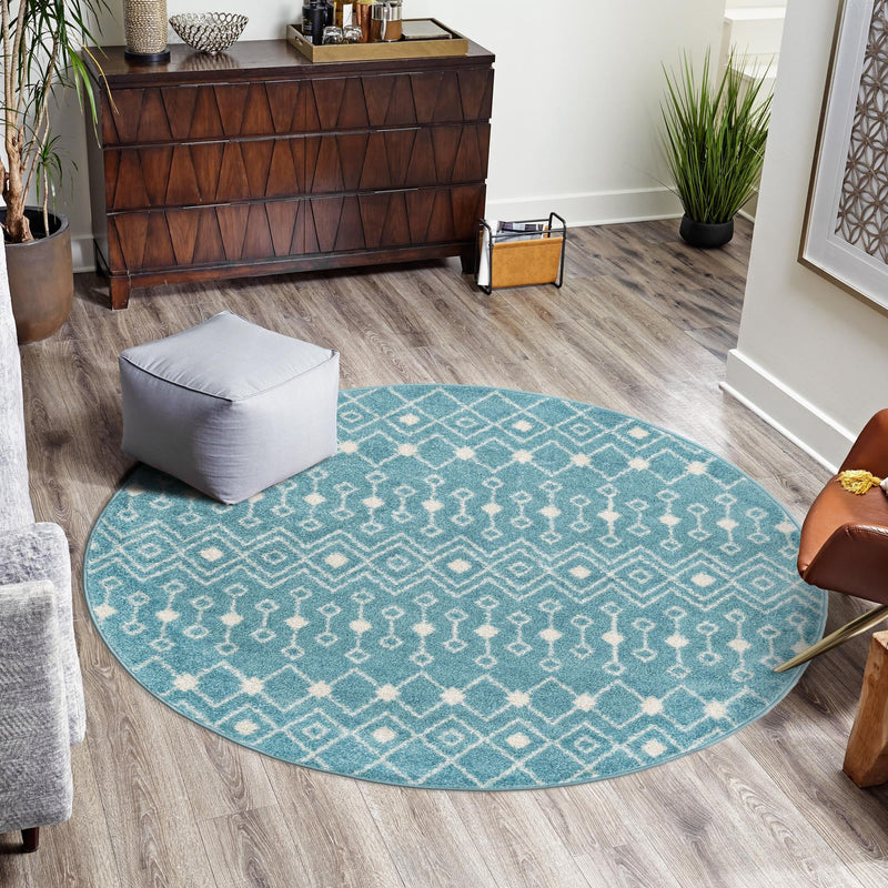 Mediterranean Lattice Collection Area Rug - Santorini (Aqua Blue) Round Aqua Blue lifestyle 25