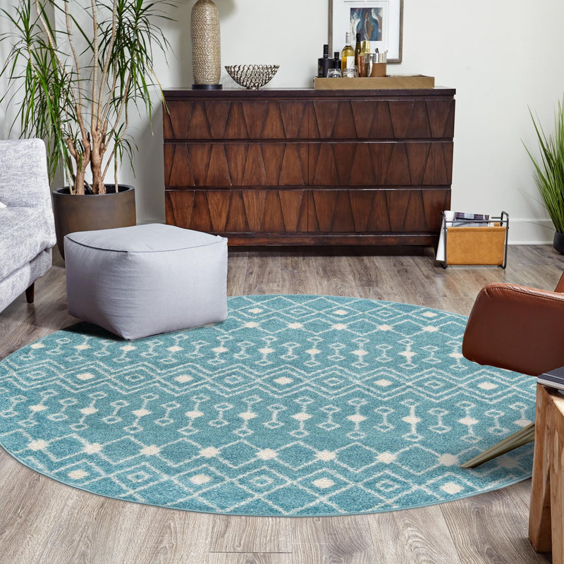 Mediterranean Lattice Collection Area Rug - Santorini (Aqua Blue) Round Aqua Blue lifestyle 26