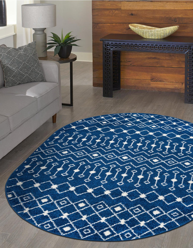 Mediterranean Lattice Collection Area Rug - Santorini (Navy Blue) Oval Navy Blue  lifestyle 5