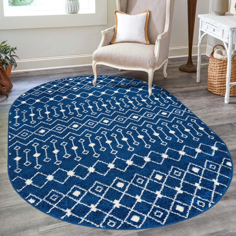 Mediterranean Lattice Collection Area Rug - Santorini (Navy Blue) Oval Navy Blue  lifestyle 22
