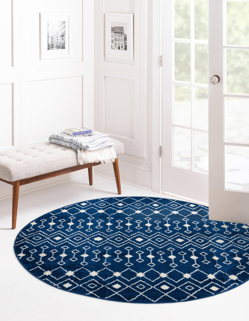 Mediterranean Lattice Collection Area Rug - Santorini (Navy Blue) Round Navy Blue  lifestyle 2