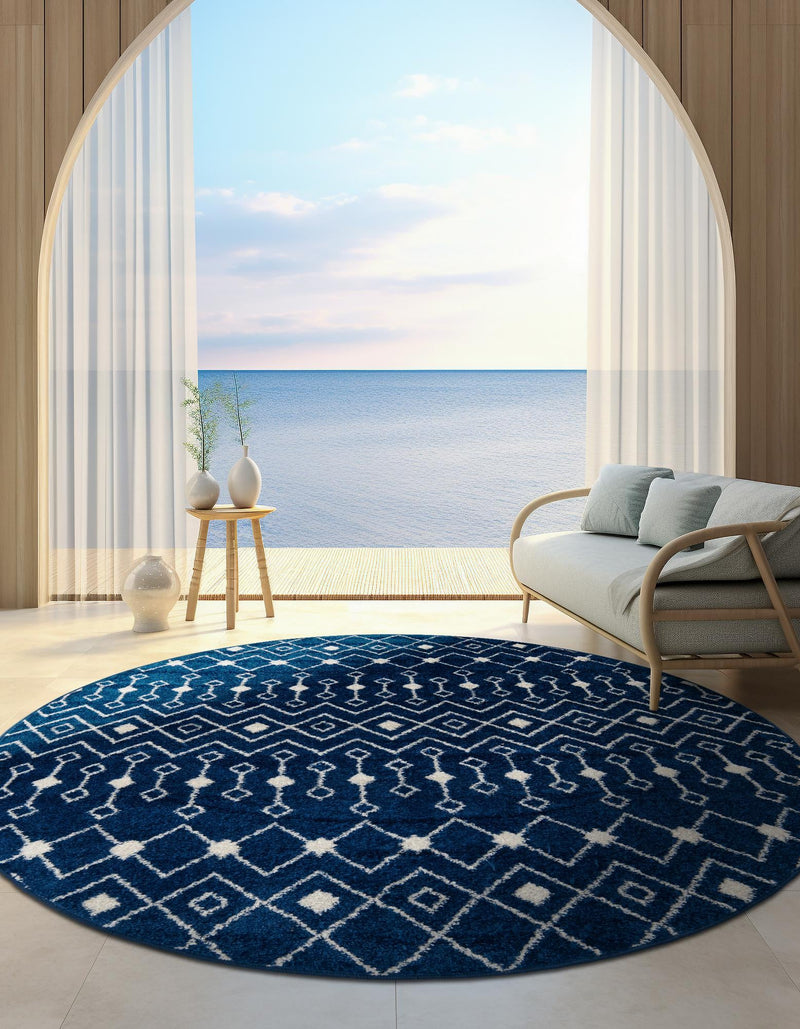 Mediterranean Lattice Collection Area Rug - Santorini (Navy Blue) Round Navy Blue  lifestyle 28