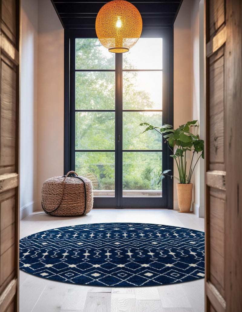 Mediterranean Lattice Collection Area Rug - Santorini (Navy Blue) Round Navy Blue  lifestyle 31
