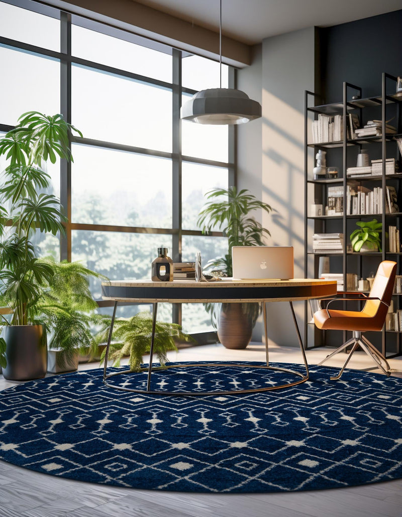 Mediterranean Lattice Collection Area Rug - Santorini (Navy Blue) Round Navy Blue  lifestyle 34