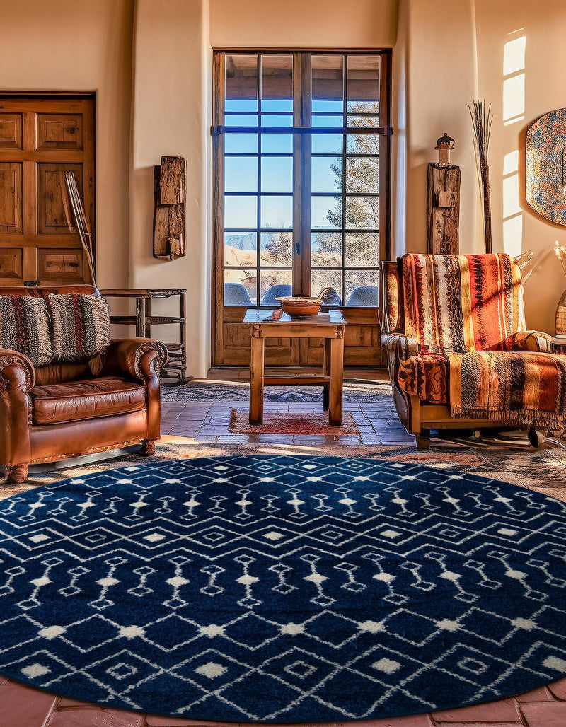 Mediterranean Lattice Collection Area Rug - Santorini (Navy Blue) Round Navy Blue  lifestyle 37
