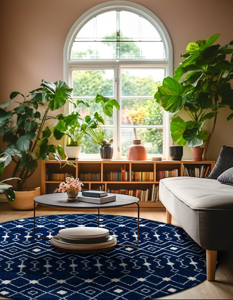 Mediterranean Lattice Collection Area Rug - Santorini (Navy Blue) Round Navy Blue  lifestyle 40