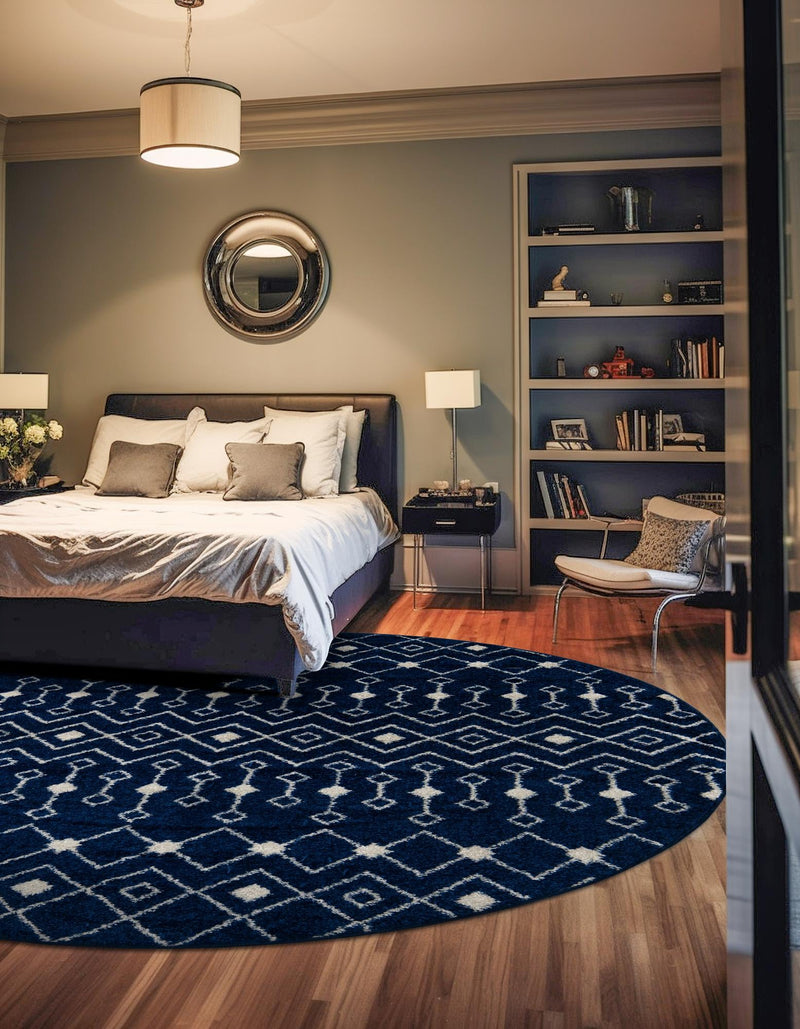 Mediterranean Lattice Collection Area Rug - Santorini (Navy Blue) Round Navy Blue  lifestyle 43