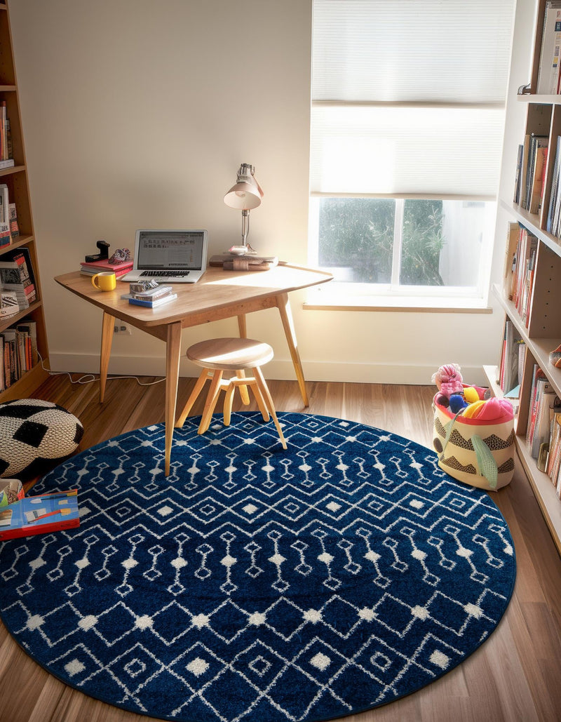 Mediterranean Lattice Collection Area Rug - Santorini (Navy Blue) Round Navy Blue  lifestyle 46