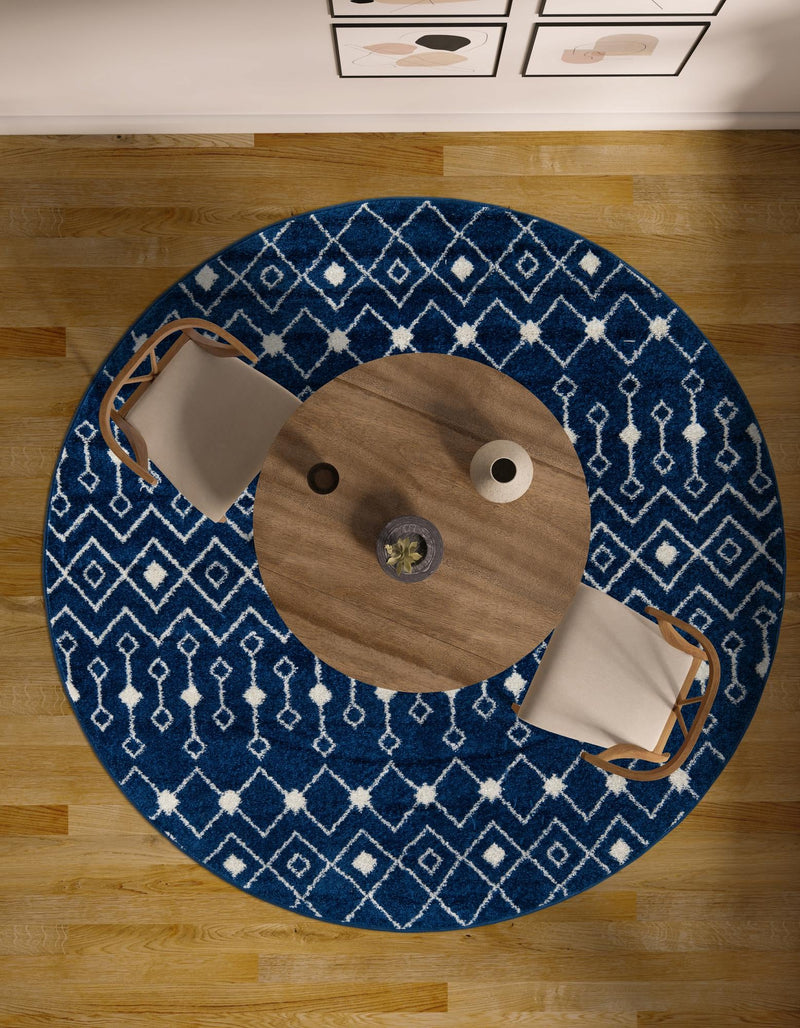 Mediterranean Lattice Collection Area Rug - Santorini (Navy Blue) Round Navy Blue  lifestyle 49