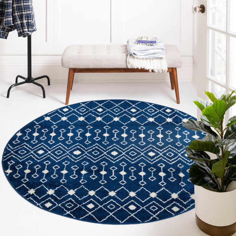 Mediterranean Lattice Collection Area Rug - Santorini (Navy Blue) Round Navy Blue  lifestyle 13