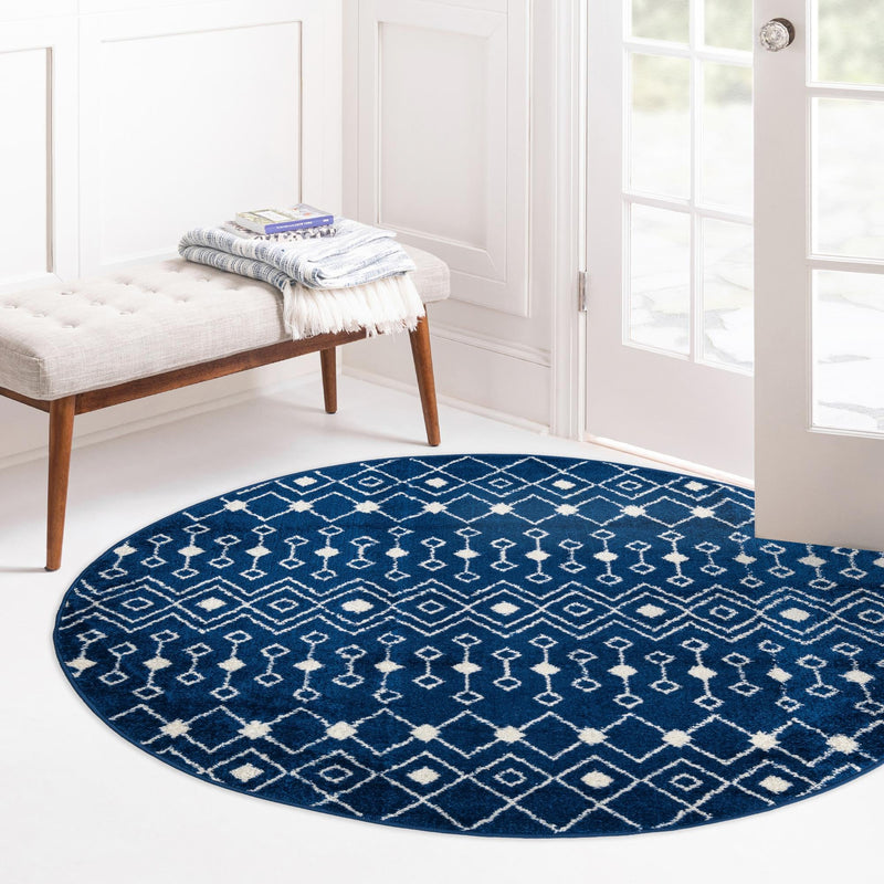 Mediterranean Lattice Collection Area Rug - Santorini (Navy Blue) Round Navy Blue  lifestyle 14