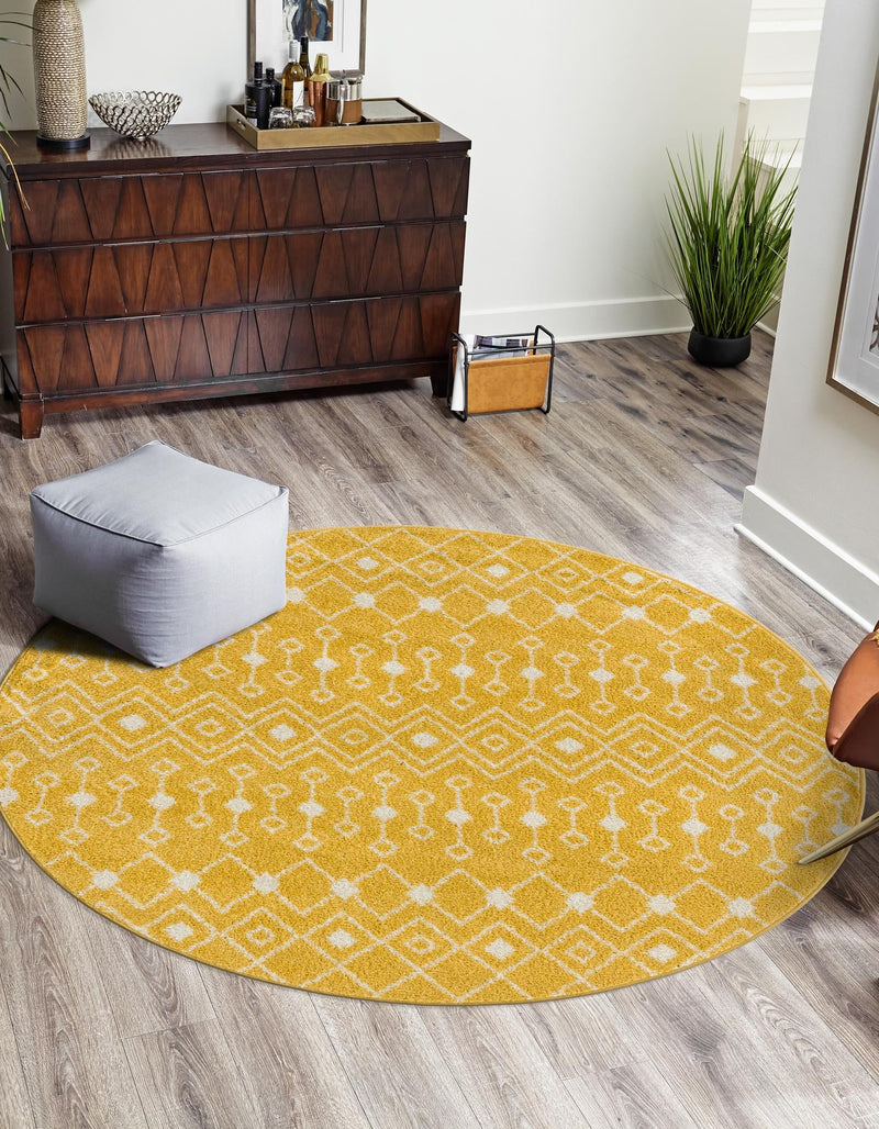 Mediterranean Lattice Collection Area Rug - Santorini (Yellow) Round Yellow lifestyle 0