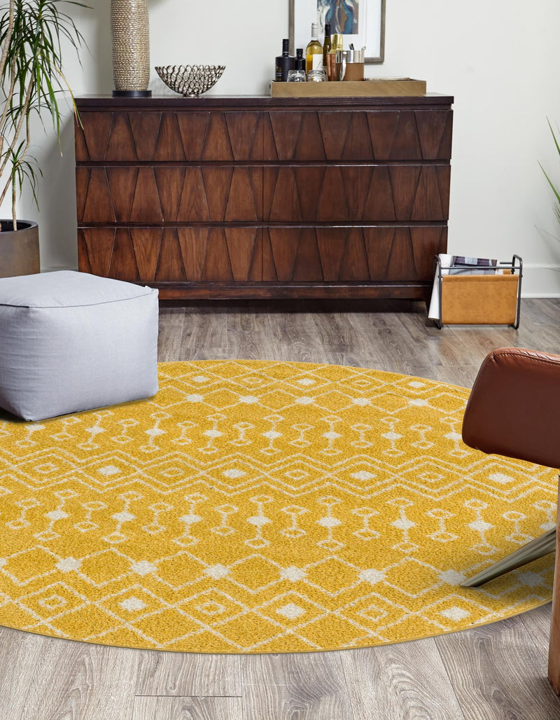 Mediterranean Lattice Collection Area Rug - Santorini (Yellow) Round Yellow lifestyle 2