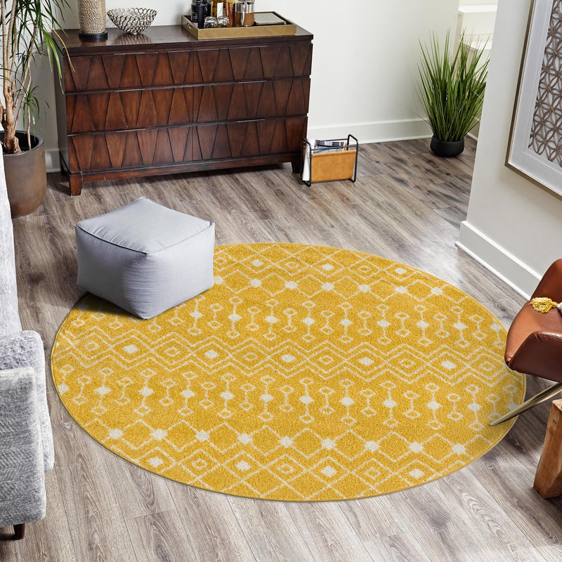Mediterranean Lattice Collection Area Rug - Santorini (Yellow) Round Yellow lifestyle 15