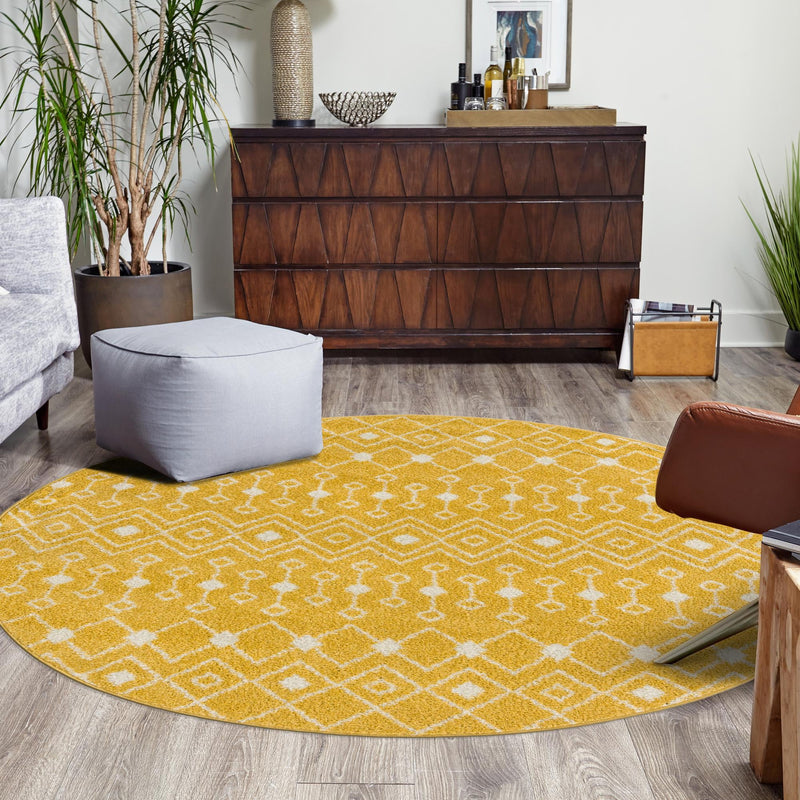 Mediterranean Lattice Collection Area Rug - Santorini (Yellow) Round Yellow lifestyle 16