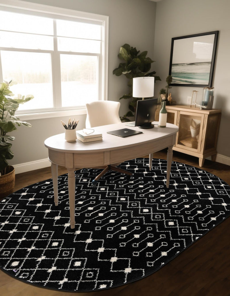 Mediterranean Lattice Collection Area Rug - Santorini (Black and White) Oval Black and White lifestyle 7