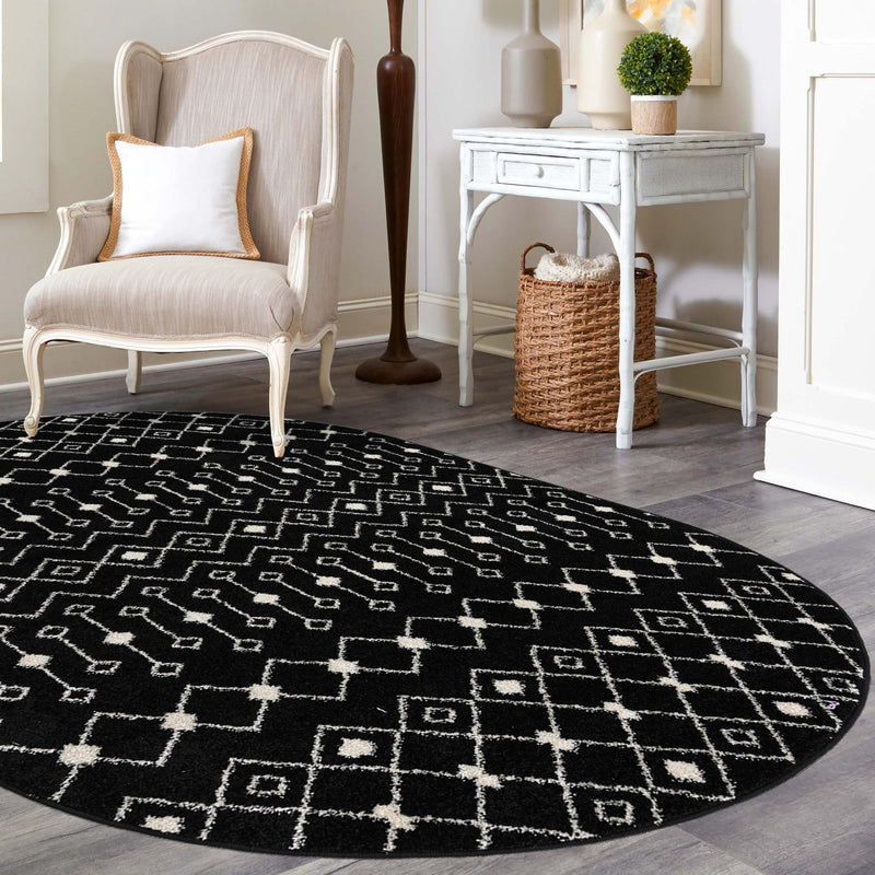 Mediterranean Lattice Collection Area Rug - Santorini (Black and White) Oval Black and White lifestyle 25