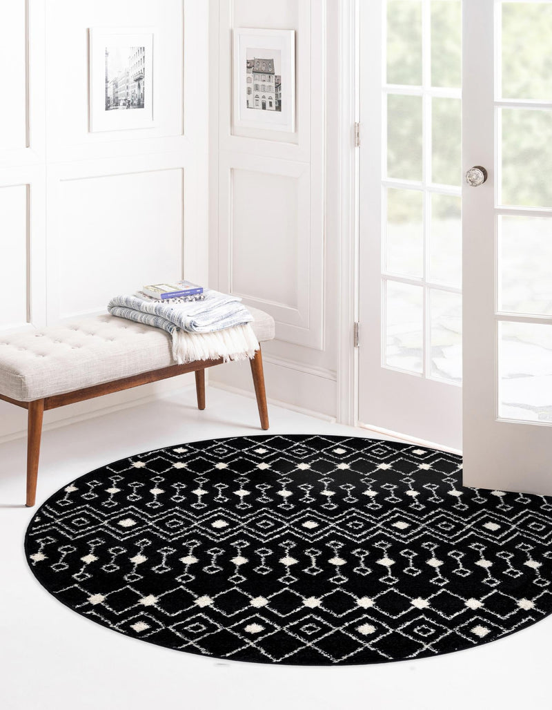 Mediterranean Lattice Collection Area Rug - Santorini (Black and White) Round Black and White lifestyle 2