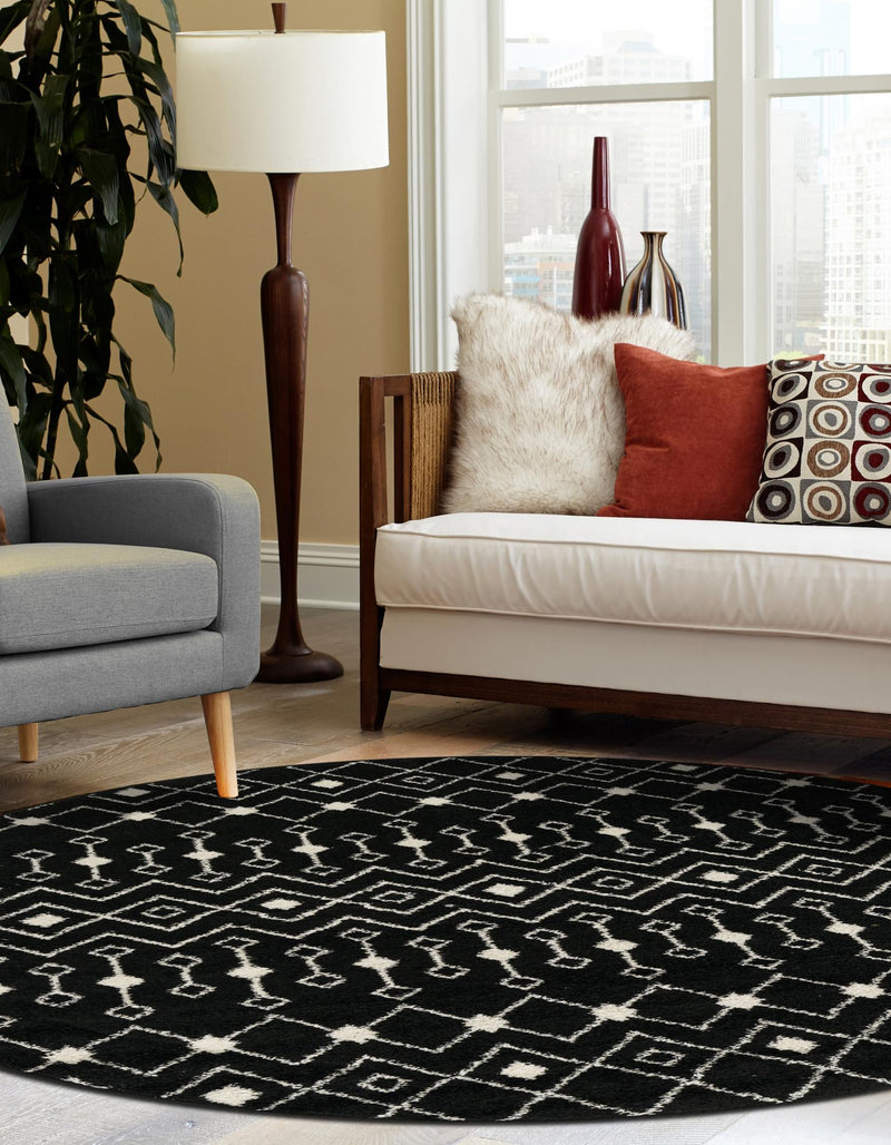 Mediterranean Lattice Collection Area Rug - Santorini (Black and White) Round Black and White lifestyle 27