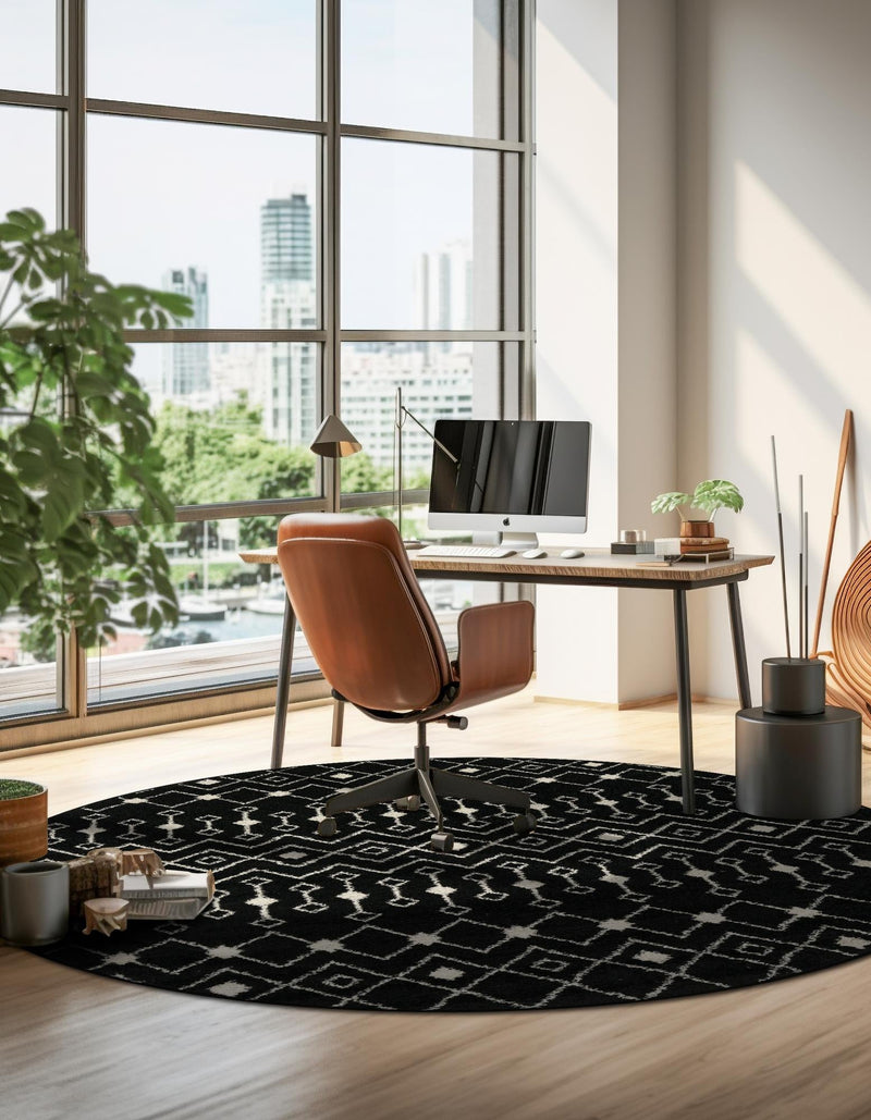 Mediterranean Lattice Collection Area Rug - Santorini (Black and White) Round Black and White lifestyle 30