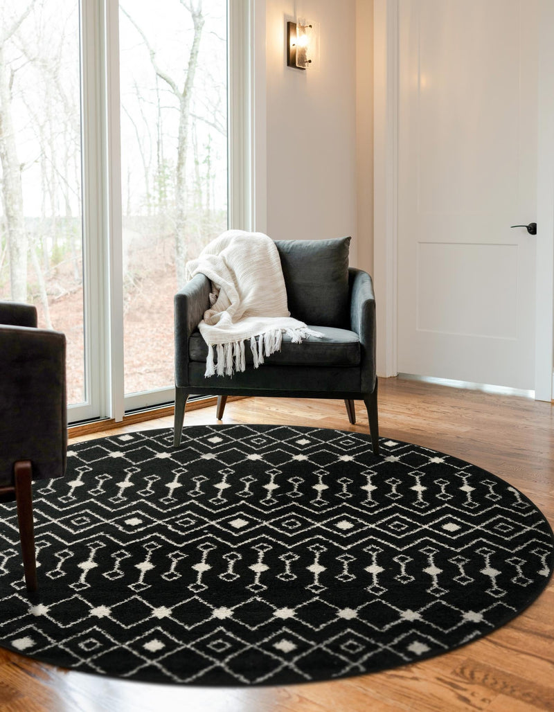 Mediterranean Lattice Collection Area Rug - Santorini (Black and White) Round Black and White lifestyle 33